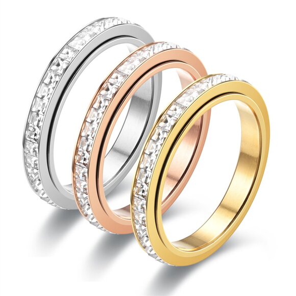 3/$35 Gold Stainless Steel Band Ring One Row Diamond Cubic Zirconia Crystal - Picture 4 of 5